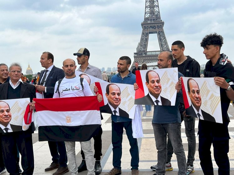 ابناء مصر بفرنسا يستقبلون الرئيس بالاعلام والاغاني الوطنية