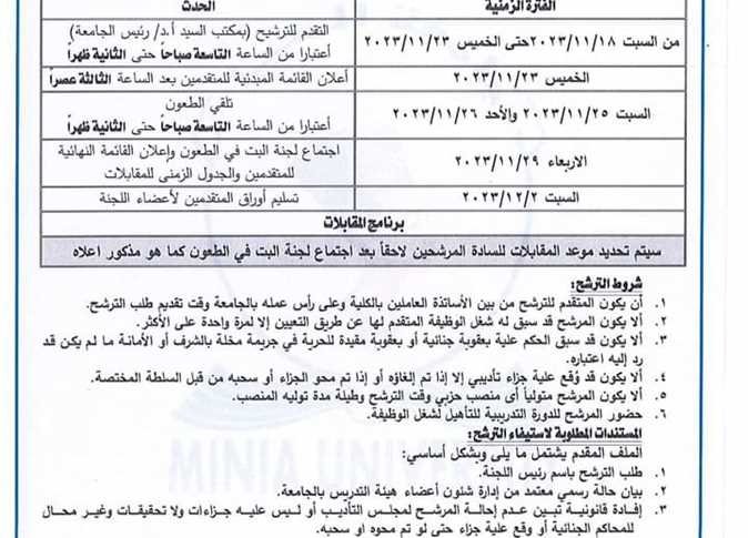 فرحات:فتح باب التقدم لشغل عميد ل" ٦" كليات بالمنيا