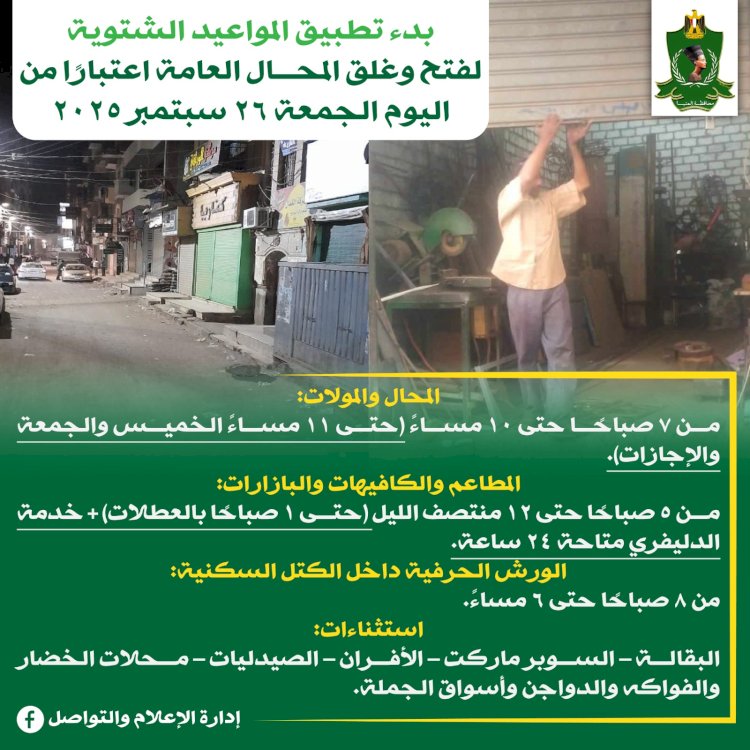 اليوم .. بدء تطبيق المواعيد الشتوية لفتح وغلق المحال العامة بالمنيا